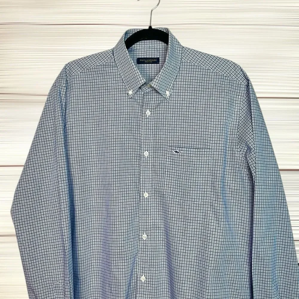 Paul & Shark Casual Shirt Button Down Cotton Blue Plaid Italy size L neck 16,5